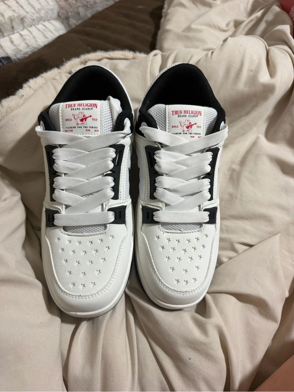 True Religion White and Black Star-Perforated Lace-Up Sneakers